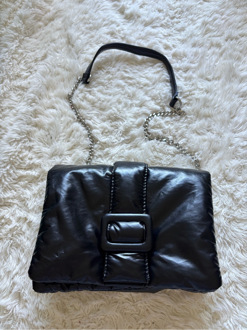 Zara Black Quilted Shoulder Bag with Silver Chain